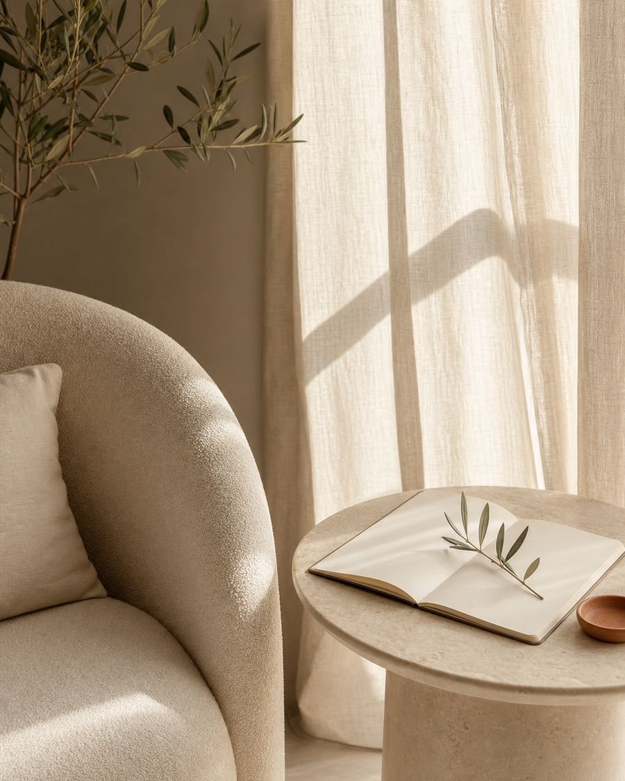 Un sillón claro junto a una ventana con cortina de lino y un cuaderno abierto